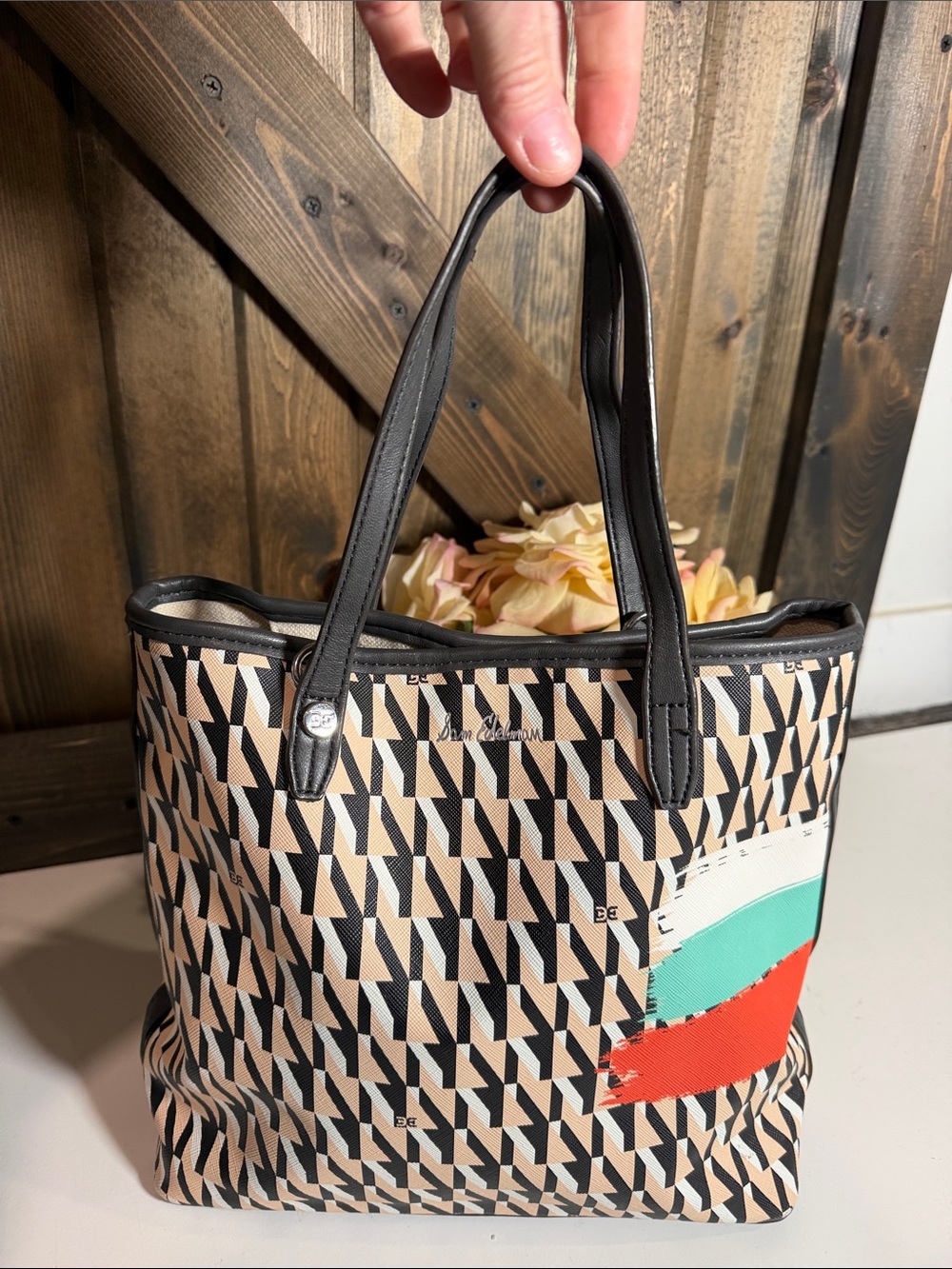 Geometric Pattern Tote Bag with Color Block Accent - Black & Beige